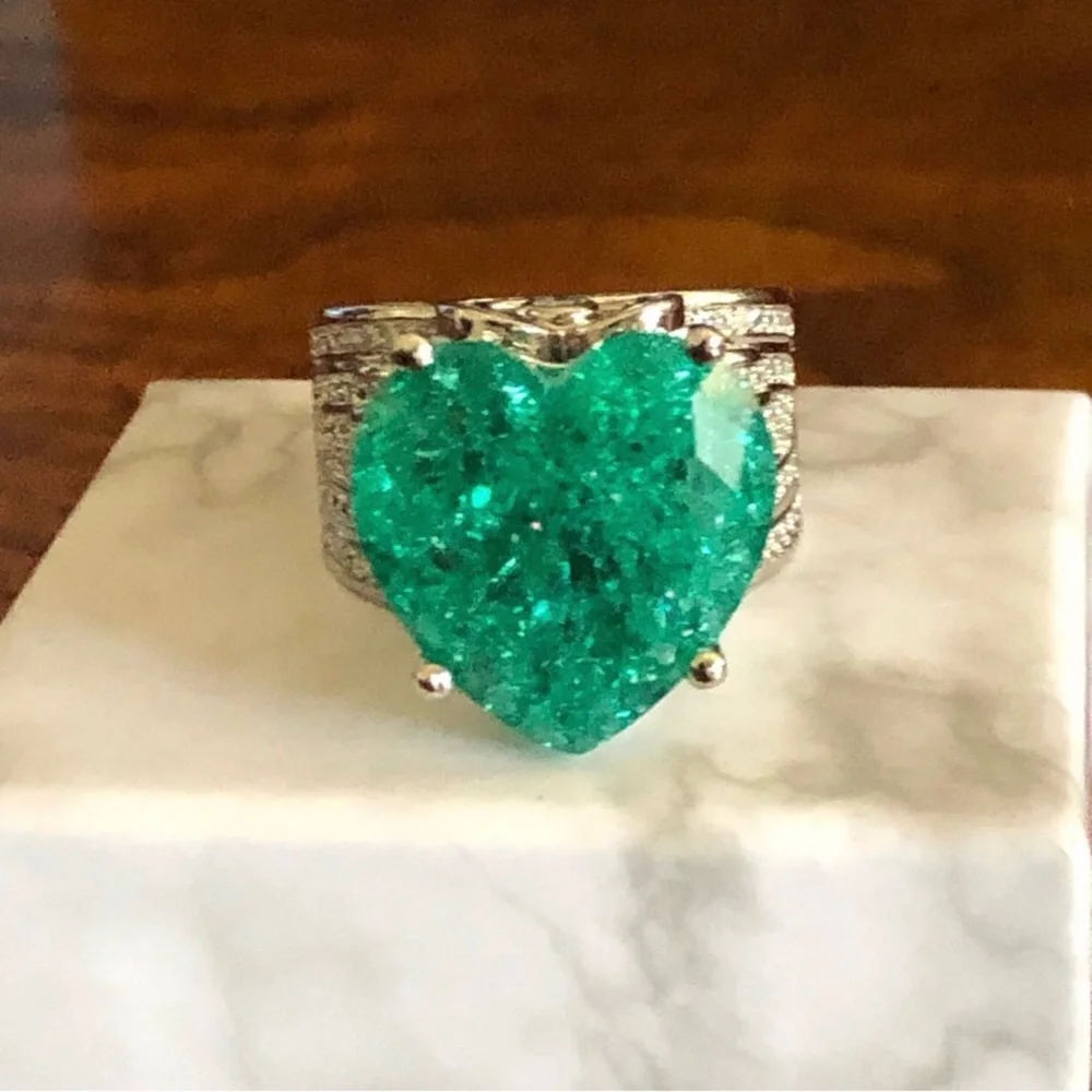 Ladies elegant large paraiba tourmaline emerald heart stone 925 ring 9 NIB